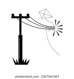 A kite caught on an electricity pole explodes. Continuous line drawing flying kite. 