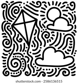 Kite, cloud, and doodle with bright sun. Doodle abstract for sticker, prints, postcard, branding, clothing, etc