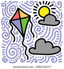 Kite, cloud, and doodle with bright sun. Doodle abstract for sticker, prints, postcard, branding, clothing, etc