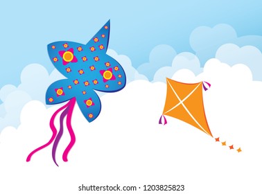 Kite and Clouds on a Blue Sky. Summer Background. Vector illustration