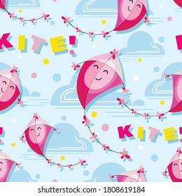 Kite, clouds. Vector childrens pattern. Flat style. Pink kite in the sky. Makar Sankranti festival. 