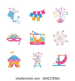 Kite, confetti, camping, darts, event mask, stage and ornament icon set. Festival and event icon set. Colorful icon set.