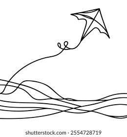 Kite - continuous one line drawing outline vector illustration, Vector Kite.