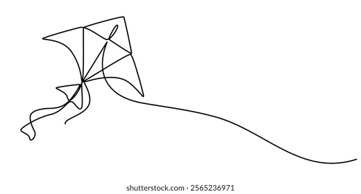 Kite continuous one line drawing of outline vector illustration, One continuous line of kite. Minimalist style vector illustration in white background, flying high in the air, bringing back memories. 