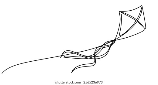 Kite continuous one line drawing of outline vector illustration, One continuous line of kite. Minimalist style vector illustration in white background, flying high in the air, bringing back memories. 