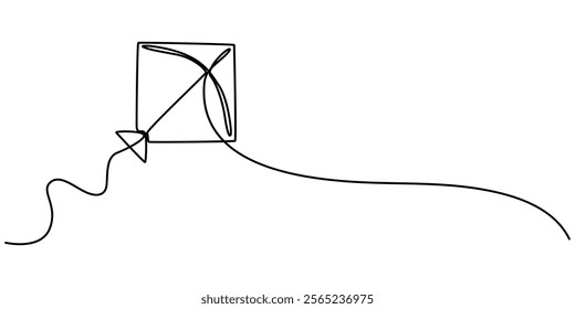 Kite continuous one line drawing of outline vector illustration, One continuous line of kite. Minimalist style vector illustration in white background, flying high in the air, bringing back memories. 