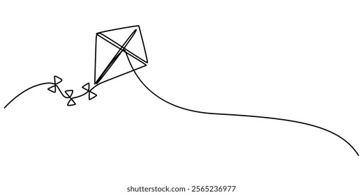 Kite continuous one line drawing of outline vector illustration, One continuous line of kite. Minimalist style vector illustration in white background, flying high in the air, bringing back memories. 