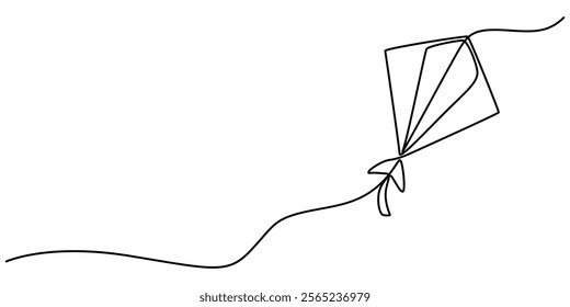 Kite continuous one line drawing of outline vector illustration, One continuous line of kite. Minimalist style vector illustration in white background, flying high in the air, bringing back memories. 