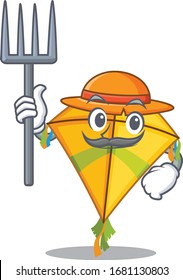 Kite in Farmer cartoon character with hat and pitchfork