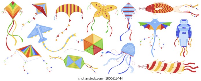 Kite festival vector illustration set. Cartoon flat festive different flying kites, kid toys collection with colorful bat butterfly plane jellyfish for outdoor summer game activity isolated on white