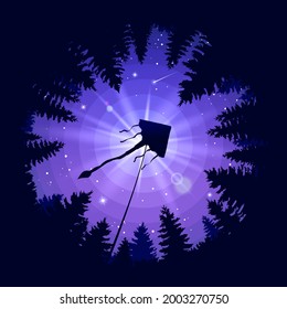 The kite flies over the forest. Forest landscape with a kite. Illustration for cover, advertisement or puzzles. A theme or wallpaper for your phone. Stock vector illustration. EPS 10.