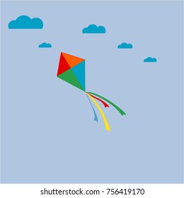 Kite flies in the sky among the clouds. Vector illustration, a flat style