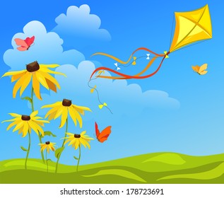 kite, flowers on bright background. vector illustration