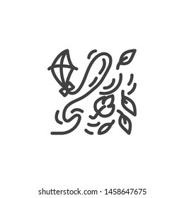 Kite fly line icon. linear style sign for mobile concept and web design. Kite flying with leaves outline vector icon. Symbol, logo illustration. Vector graphics