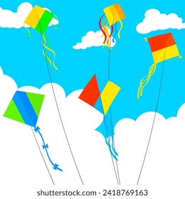 Kite flying in blue sky with white clouds. A kite tied to a string blows in the wind. Colorful children's toys playing outdoors. Vector illustration