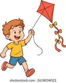 Garotinho bonito voando alegremente uma pipa vermelha. Segurando a corda com emoção e sorrindo enquanto corre. Perfeito para conteúdo infantil, desenhos animados, festivais e ilustrações com tema de verão.