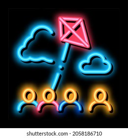 Kite Flying In Crowded Place Neon Light Sign Vector. Glowing Bright Icon Kite Flying In Crowded Place Sign. Transparent Symbol Illustration