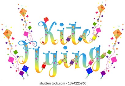 Kite flying event poster. Makar Sankranti. Kite Festival word art. Evening sky gradient characters with kites. Indian festival Sankranti greeting vector. Illustration stock.