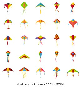 Kite flying festival surf icons set. Flat illustration of 25 kite flying festival surf vector icons isolated on white