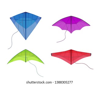 Kite flying festival surf icons set. Outdoor summer activity objects. Holiday childhood entertainment. 