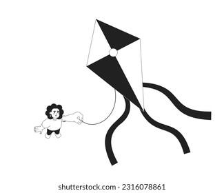 Kite flying high monochromatic flat vector character. Girl with kite. Play outdoor in summer. Editable thin line full body person on white. Simple bw cartoon spot image for web graphic design