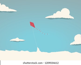 Kite flying high in the sky above the clouds. Symbol of freedom, childhood, playful times. Eps10 vector illustration.