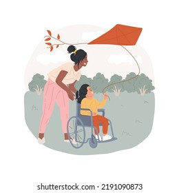 Kite Flying Isolated Cartoon Vector Illustration. Child In Wheelchair, Kid Flying Kite With Adult, Outdoor Fun Activity, Special Daycare, In-home Caregiver, Daycare For Disabled Vector Cartoon.