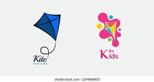 Kite Flying Logo Design. With handrawn style and pink, yellow, green, red, and blue colors. Simple, minimalist, premium, and luxury logo vector