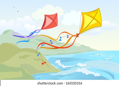 Kite Flying Over The Sea. Vector Illustration