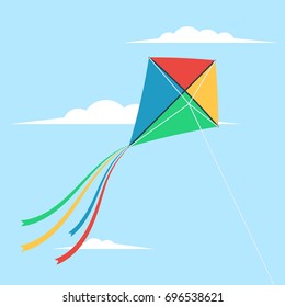 Kite flying in the sky among the clouds. Vector illustration in cartoon flat style design