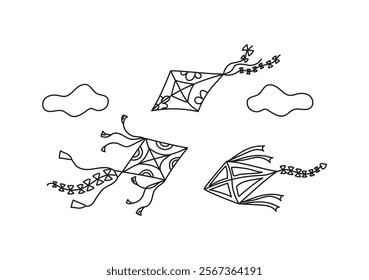 Kite flying in the sky, clouds. Hand drawn icon, doodle. Set linear drawing, sketch on white isolated background.