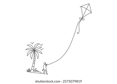 Kite flying in the sky continuous one line drawing of  outline line vector  art illustration
