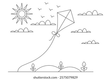 Kite flying in the sky continuous one line drawing of  outline line vector  art illustration
