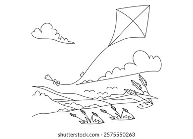 Kite flying in the sky Continuous one line art drawing of scissors vector illustration design
