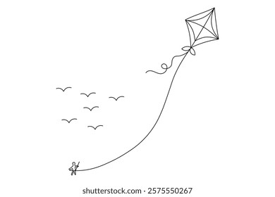 Kite flying in the sky Continuous one line art drawing of scissors vector illustration design
