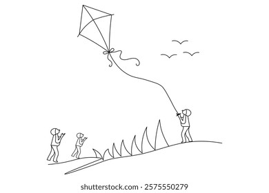 Kite flying in the sky Continuous one line art drawing of scissors vector illustration design
