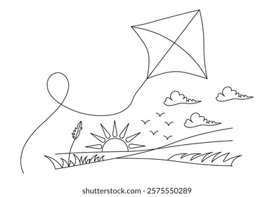 Kite flying in the sky Continuous one line art drawing of scissors vector illustration design
