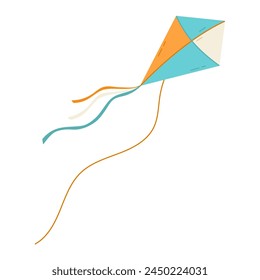 Kite flying in the sky flat vector illustration. Blue, orange and white kite isolated on white background