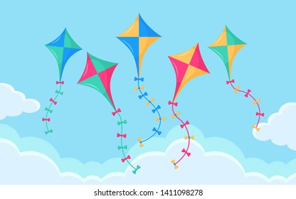 Kite flying in the sky. Paper toy. Makar Sankranti festival. Vector flat design