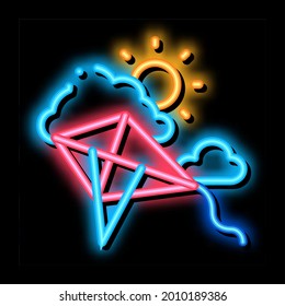 kite flying in sunny weather neon light sign vector. Glowing bright icon kite flying in sunny weather sign. transparent symbol illustration