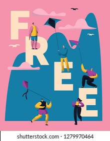 Kite Free Typography Banner Vertical Design. People Character Joy on Makar Sankranti Holiday. Freelance Lifestyle Concept for Poster Template Flat Cartoon Vector Illustration