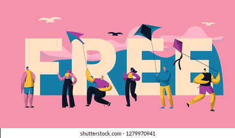 Kite Free Typography Poster Template. People Character have Fun on Makar Sankranti Holiday. Traditional Outdoor Vacation Day Concept for Banner Design Flat Cartoon Vector Illustration