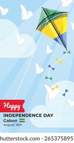 Drachen mit Gabun-Fahne fliegen unter hellblauem Himmel mit Sonnenlicht und weißen Tauben. Gabun Independence Day.