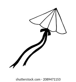 kite hand drawn doodle. vector, minimalism, scandinavian, monochrome, nordic. toy wind flying ribbon tail sticker icon
