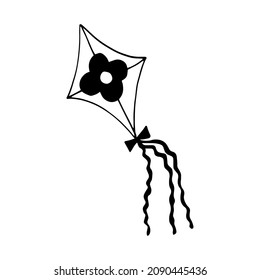 doodle dibujado a mano de cometa. vector, minimalismo, escandinavo, monocromo, nórdico. icono de pegatina de la cola de la cinta voladora del viento del juguete