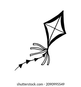 kite hand drawn doodle. vector, minimalism, scandinavian, monochrome, nordic. toy wind flying ribbon tail sticker icon