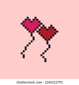 Kite heart symbol isolated on pink background. Red heart pixel art. Vector illustration