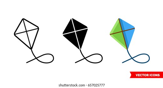 Kite icon of 3 types: color, black and white, outline. Isolated vector sign symbol.