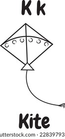 Kite icon with English alphabet K letter.For worksheets and coloring pages.