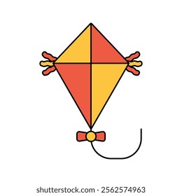 Kite Icon Illustration, A red and yellow kite with a bow string, symbolizing outdoor fun during spring breezes. Perfect for Spring season themed designs